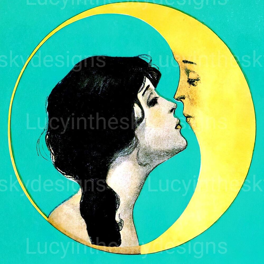 Lady Kissing Moon Vintage Surreal Painting Moon Star Celestial Art Print - Picture 2 of 4